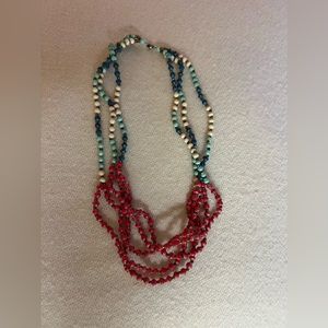 Blue, coral pink and cream beaded necklace with gold/brass color beads